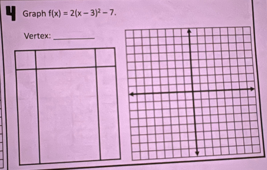 Graph f(x)=2(x-3)^2-7. 
Vertex:_