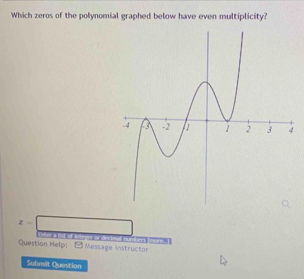 Which zeros of the polynomial graphed below have even multiplicity?
x=□ Enter a list of integer or decimal numbers [more..] 
Question Help: Message instructor 
Submit Question