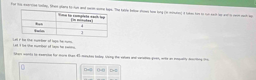 For his exercise today, Shen plans to run and swThe table below shows how long (in minutes) it takes him to run each lap and to swim each lap. 
Let be the number of laps he runs. 
Let S be the number of laps he swims. 
Shen wants to exercise for more than 45 minutes today. Using the values and variables given, write an inequality describing this.
□ =□ □ □ >□