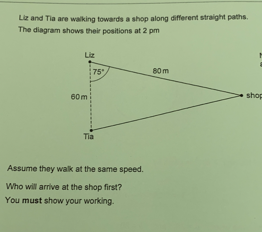 Liz and Tia are walking towards a shop along different straight paths.
The diagram shows their positions at 2 pm
shop
Assume they walk at the same speed.
Who will arrive at the shop first?
You must show your working.