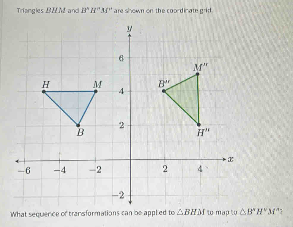 Triangles BHM and B''H''M'' are shown on the coordinate grid.
What sequence of transformations can be applied to to map to △ B''H''M'' ?