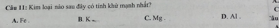 Kim loại nào sau đây có tính khử mạnh nhất? A.
C
A. Fe. B. K. C. Mg . D. Al. Câu