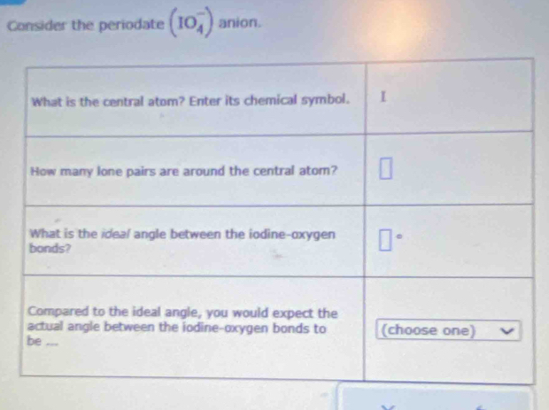 Consider the periodate (IO_4^-) anion.