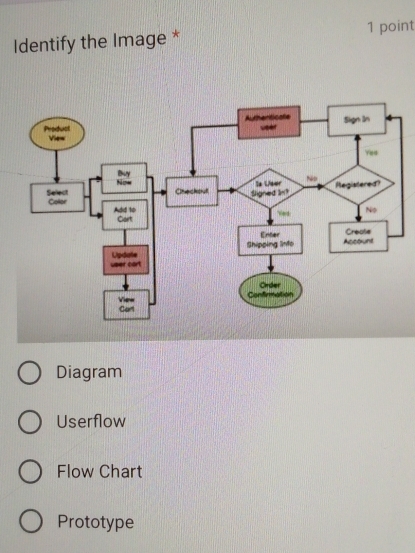 Identify the Image * 1 point
Diagram
Userflow
Flow Chart
Prototype