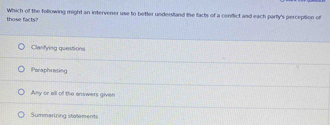 Which of the following might an intervener use to better understand the facts of a conflict and each party's perception of
those facts?
Clarifying questions
Paraphrasing
Any or all of the answers given
Summarizing statements