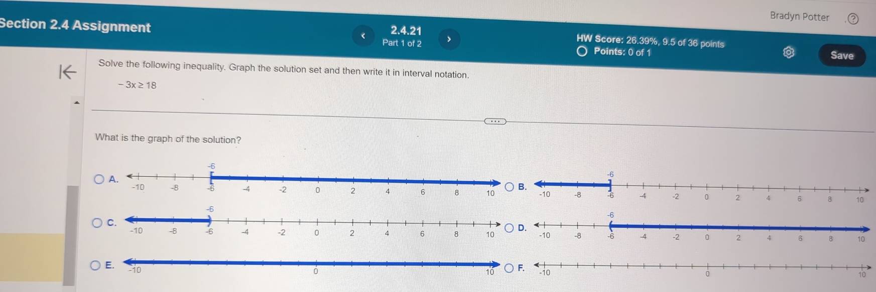 Bradyn Potter 
2.4.21 HW Score: 26.39%, 9.5 of 36 points 
Section 2.4 Assignment < Part 1 of 2 、 Points: 0 of 1 Save 
Solve the following inequality. Graph the solution set and then write it in interval notation.
-3x≥ 18
What is the graph of the solution?