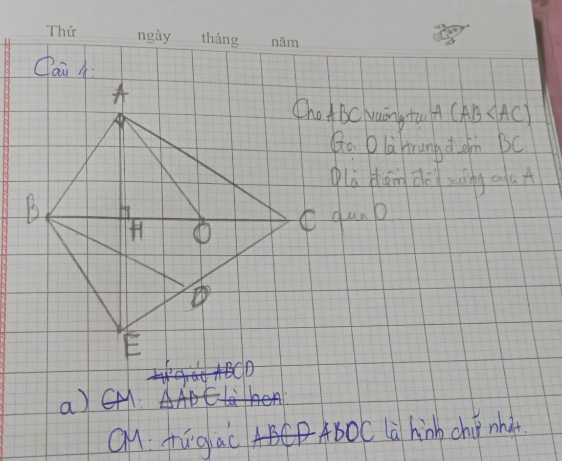 Qai 4:
Cho ABc vuáng tu A (AB
Qo Dlà hrung d àm BC
la dān do xung a aA
C gunp
a) CM
Qn: figac ABOC là hinb chi nh