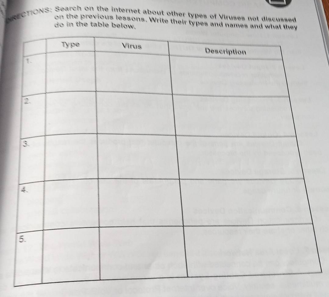 RECTIONS: Search on the internet about other types of Viruses not discussed 
on the previous lessons. Write their types and names and wha 
do in the table below.