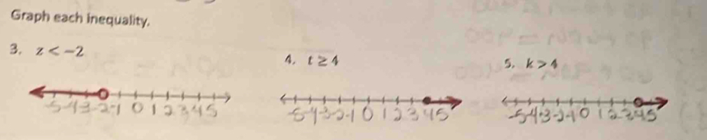 Graph each inequality. 
3. z
4. 4 5. k>4