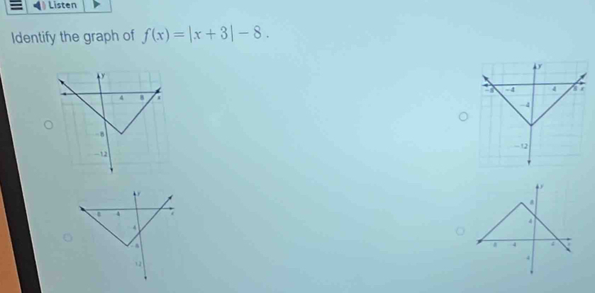 Listen
Identify the graph of f(x)=|x+3|-8.

a 4
4
12