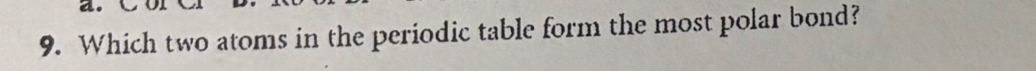 Which two atoms in the periodic table form the most polar bond?