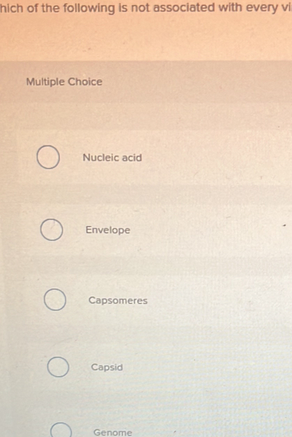 hich of the following is not associated with every vi
Multiple Choice
Nucleic acid
Envelope
Capsomeres
Capsid
Genome