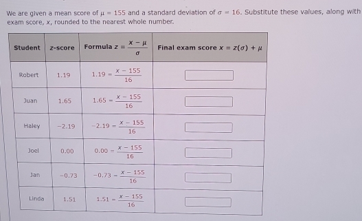 We are given a mean score of mu =155 and a standard deviation of sigma =16. Substitute these values, along with
exam score, x, rounded to the nearest whole number.