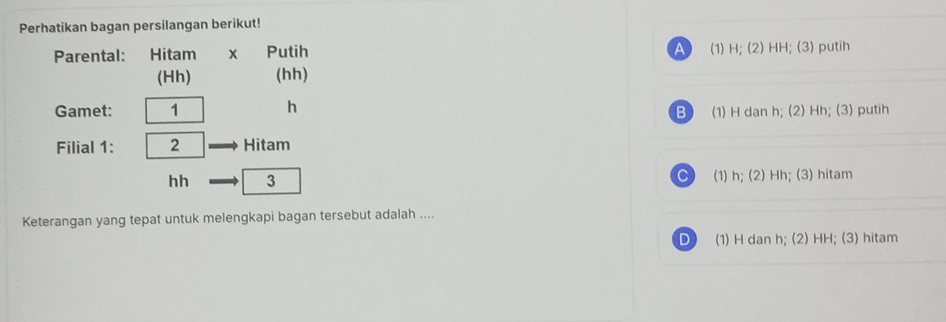 Perhatikan bagan persilangan berikut!
A)
Parental: Hitam x Putih (1) H; (2) HH; (3) putih
(Hh) (hh)
h
Gamet: 1 B) (1) H dan h; (2) Hh; (3) putih
Filial 1: 2 Hitam
C
hh 3 (1) h; (2) Hh; (3) hitam
Keterangan yang tepat untuk melengkapi bagan tersebut adalah ....
D) (1) H dan h; (2) HH; (3) hitam