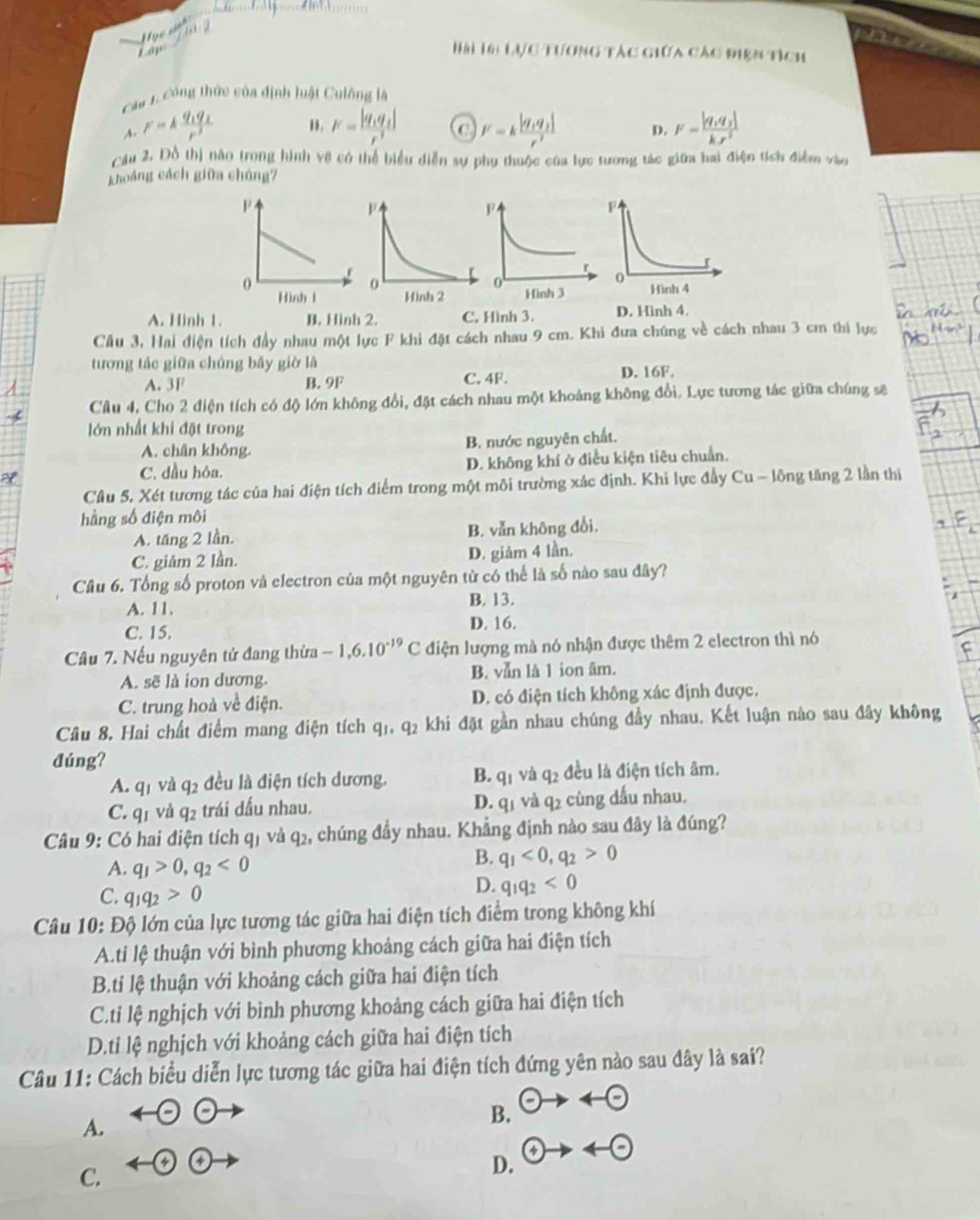 Hài 1oi Lực tương tác giữa các điện tích
Cau 1. Công thức của định luật Culông là
A. F=kfrac q_1q_2r^2 F=frac |q_1q_2|r^2 F=kfrac |q_1q_2|r' D. F=frac |q_1q_3|kx^2
Cầu 2. Đồ thị não trong hình vệ có thể biểu diễn sự phụ thuộc của lực tương tác giữa hai điện tích điểm vào
khoảng cách giữa cháng7
A. Hinh 1. B. Hinh 2. C. Hình 3. D. Hinh 4.
Câu 3, Hai điện tích đầy nhau một lực F khi đặt cách nhau 9 cm. Khi đưa chúng về cách nhau 3 cm thi lực
tương tác giữa chúng bầy giờ là
A. 3F B. 9F C. 4F. D. 16F.
- Cầu 4, Cho 2 điện tích có độ lớn không đổi, đặt cách nhau một khoảng không đổi. Lực tương tác giữa chúng sẽ
lớn nhất khi đặt trong
A. chân không. B. nước nguyên chất.
2
C. dầu hóa. D. không khí ở điều kiện tiêu chuẩn.
Cầu 5. Xét tương tác của hai điện tích điểm trong một môi trường xác định. Khi lực đầy Cu - lông tăng 2 lần thị
hằng số điện môi
A. tăng 2 lần. B. vẫn không đổi.
C. giảm 2 lần. D. giảm 4 lần.
Câu 6. Tổng số proton và electron của một nguyên từ có thể là số nào sau đây?
A. 11.
B. 13.
C. 15. D. 16.
Câu 7. Nếu nguyên tử đang thừa -1,6.10^(-19)C điện lượng mà nó nhận được thêm 2 electron thì nó
A. sẽ là ion dương. B. vẫn là 1 ion âm.
C. trung hoà về điện. D. có điện tích không xác định được.
Câu 8. Hai chất điểm mang điện tích q₁, q2 khi đặt gần nhau chúng đầy nhau. Kết luận nào sau đây không
đúng?
A. q1 và q2 đều là điện tích dương. B. qị và q_2 đều là điện tích âm.
C. q1 và q2 trái đấu nhau. D. q1 và q2 cùng dấu nhau.
Câu 9: Có hai điện tích qị và q2, chúng đầy nhau. Khẳng định nào sau đây là đúng?
A. q_1>0,q_2<0</tex>
B. q_1<0,q_2>0
C. q_1q_2>0
D. q_1q_2<0</tex>
Câu 10: Độ lớn của lực tương tác giữa hai điện tích điểm trong không khí
A.ti lệ thuận với bình phương khoảng cách giữa hai điện tích
B.ti lệ thuận với khoảng cách giữa hai điện tích
C.ti lệ nghịch với bình phương khoảng cách giữa hai điện tích
D.ti lệ nghịch với khoảng cách giữa hai điện tích
Câu 11: Cách biểu diễn lực tương tác giữa hai điện tích đứng yên nào sau đây là sai?
A.
B. odot to 4odot
C.
D.  enclo