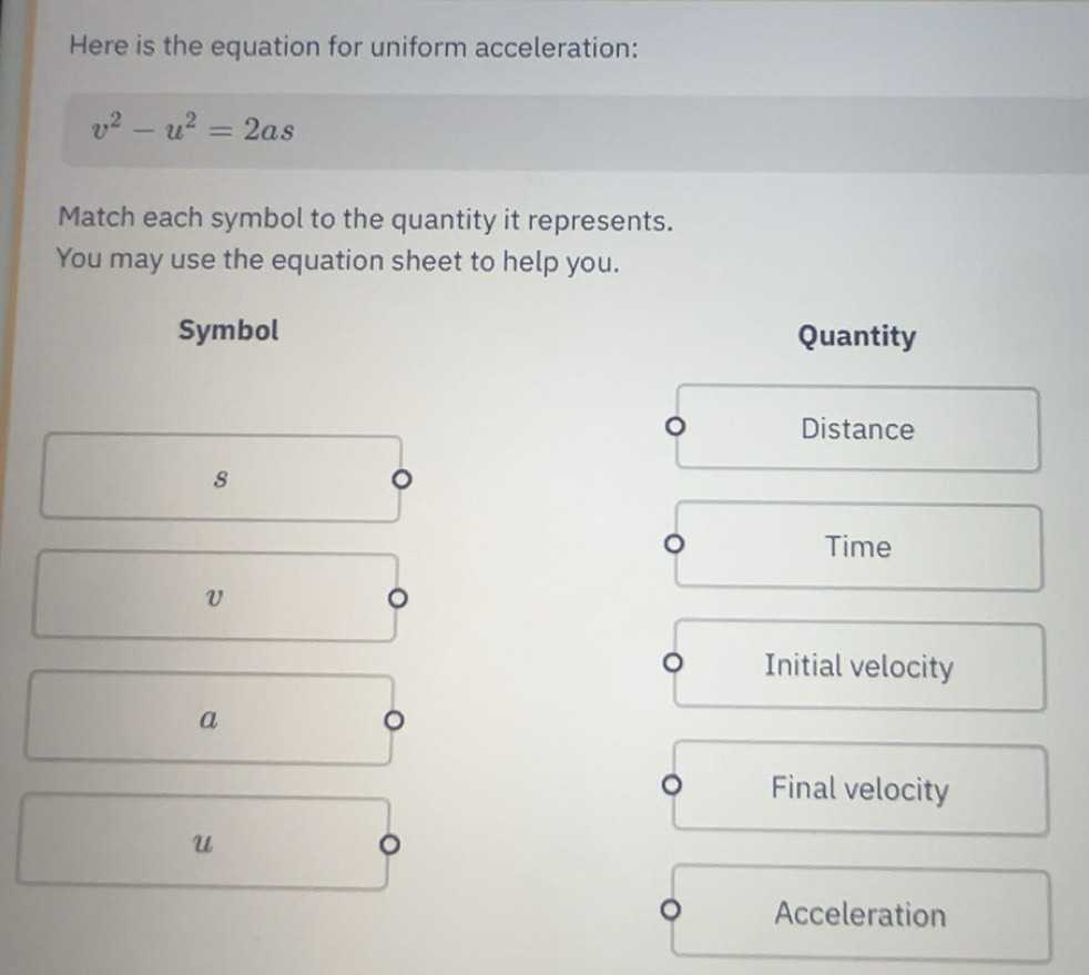 Solved: Here is the equation for uniform acceleration: v^2-u^2=2as ...