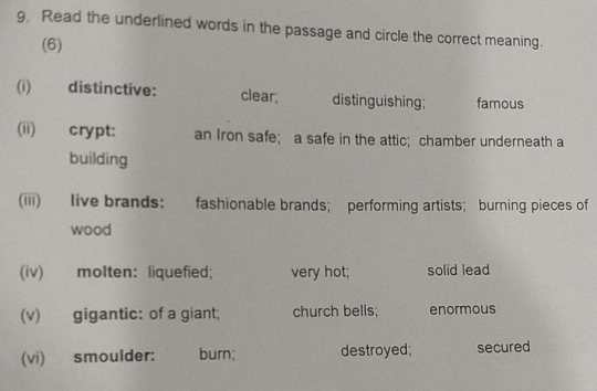 Read the underlined words in the passage and circle the correct meaning. 
(6) 
(i) distinctive: clear; distinguishing; famous 
(ii) crypt: an Iron safe; a safe in the attic; chamber underneath a 
building 
(iii) live brands: fashionable brands； performing artists； burning pieces of 
wood 
(iv) molten: liquefied; very hot; solid lead 
(v) gigantic: of a giant; church bells; enormous 
(vi) smoulder: burn; destroyed; secured