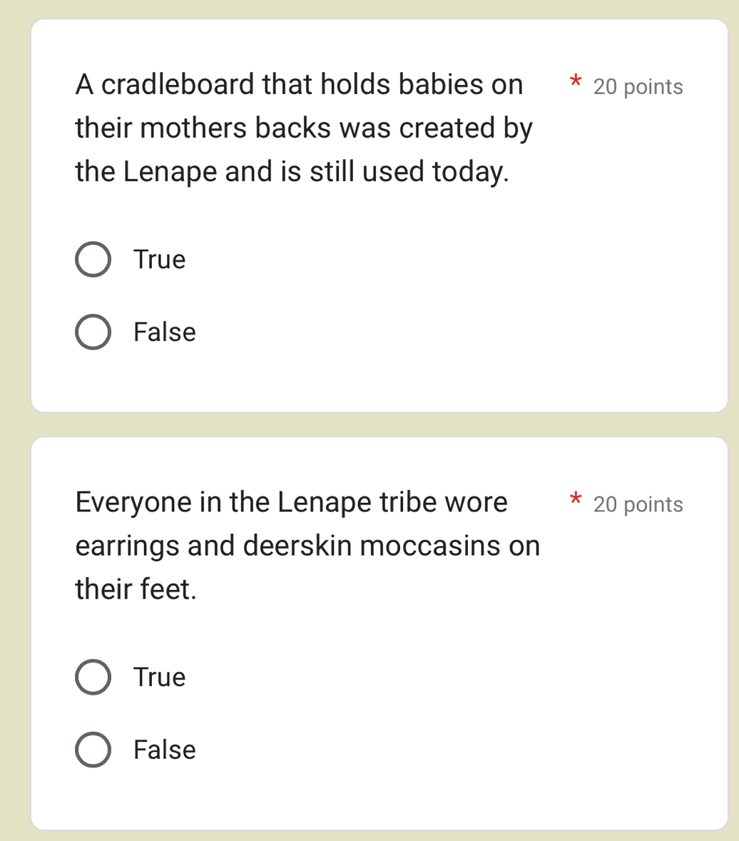 A cradleboard that holds babies on 20 points
their mothers backs was created by
the Lenape and is still used today.
True
False
Everyone in the Lenape tribe wore 20 points
earrings and deerskin moccasins on
their feet.
True
False