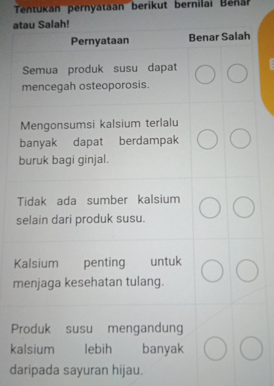 Tentukan pernyataan berikut bernilai Benar
atau Salah!
Pernyataan Benar Salah
Semua produk susu dapat
mencegah osteoporosis.
Mengonsumsi kalsium terlalu
banyak dapat berdampak
buruk bagi ginjal.
Tidak ada sumber kalsium
selain dari produk susu.
Kalsium penting untuk
menjaga kesehatan tulang.
Produk susu mengandung
kalsium lebih banyak
daripada sayuran hijau.