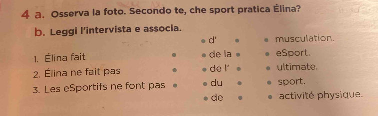 Osserva la foto. Secondo te, che sport pratica Élina? 
b. Leggi l’intervista e associa. 
d' musculation. 
1. Élina fait de la eSport. 
2. Élina ne fait pas de l' ultimate. 
3. Les eSportifs ne font pas du sport. 
de activité physique.