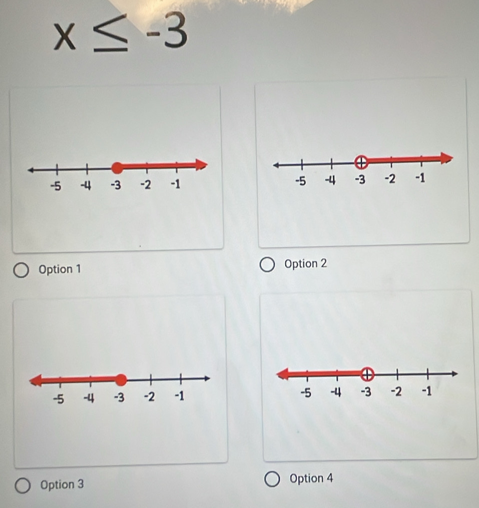 x≤ -3
Option 1
Option 2

Option 3
Option 4