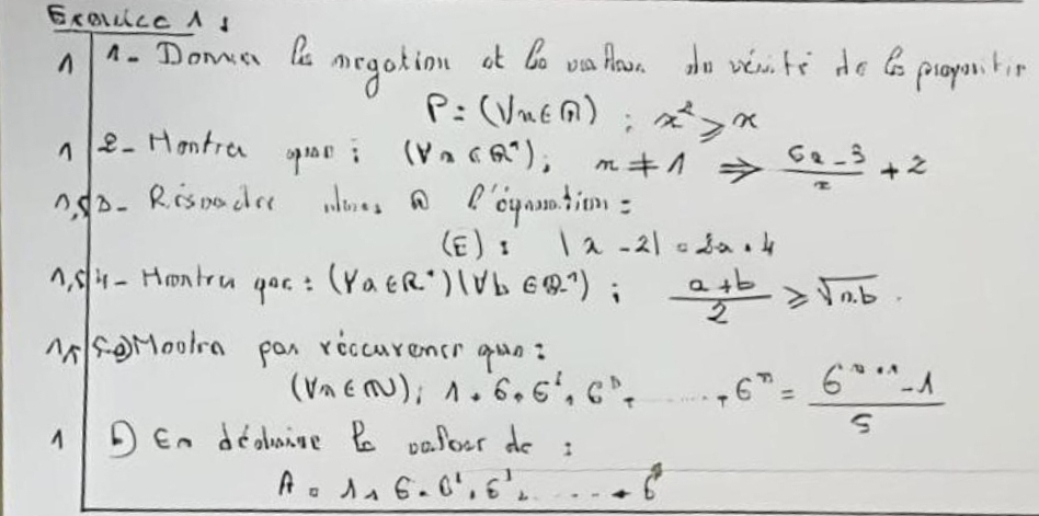 ExaLLIcc A 1 
n . Domen De megation of bo va Havn do veii fe do B proparbin
p=(1/x∈ A); x^2≥slant x
n e-Hontra opan: (forall n(R^+),x!= 1Rightarrow  (6x-3)/x +2
0. dD- R isnocrc wes oynation:
E):|2-2|=2a+4
A, sli- Hrontru gor : (forall a∈ R^*endpmatrix beginpmatrix forall b∈ R^(wedge)endpmatrix;  (a+b)/2 ≥slant sqrt(n· b)
MfoHooln pan riccurencr qun:
(V_n∈ N)_i1· 6· 6^i· 6^i+·s +6^n= (6^(n+1)-1)/5 
A D En dedlanine Be onfour do :
A=A_16.6^1.6^1...+6^4