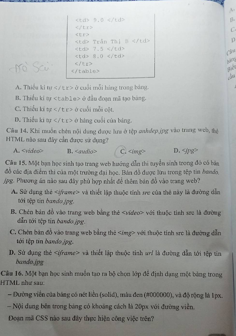 90 /td>
β.

C.

Trần Thị B D
7.5
Câu
8. 0

bāng

Biết
cầu
A. Thiếu kí tự ở cuối mỗi hàng trong bảng.
B. Thiếu kỉ tự ở đầu đoạn mã tạo bảng.
C. Thiếu kí tự ở cuối mỗi cột.
D. Thiếu kí tự ở hàng cuối của bảng.
Câu 14. Khi muồn chèn nội dung được lưu ở tệp anhdep.jpg vào trang web, thẻ
HTML nào sau đây cần được sử dụng?
A. B. C. D.
Câu 15. Một bạn học sinh tạo trang web hướng dẫn thi tuyển sinh trong đó có bản
đồ các địa điểm thi của một trường đại học. Bản đồ được lữu trong tệp tin bando.
jpg. Phương án nào sau đây phù hợp nhất đề thêm bản đồ vào trang web?
A. Sử dụng thẻ và thiết lập thuộc tính src của thẻ này là đường dẫn
tới tệp tin bando.jpg.
B. Chèn bản đồ vào trang web bằng thẻ với thuộc tính src là đường
dẫn tới tệp tin bando.jpg.
C. Chèn bản đồ vào trang web bằng thẻ với thuộc tính src là đường dẫn
tới tệp tin bando.jpg.
D. Sử dụng thẻ và thiết lập thuộc tính ưrl là đường dẫn tới tệp tin
bando.jpg
Câu 16. Một bạn học sinh muốn tạo ra bộ chọn lớp để định dạng một bảng trong
HTML như sau:
- Đường viền của bảng có nét liền (solid), màu đen (#000000), và độ rộng là 1px.
- Nội đung bên trong bảng có khoảng cách là 20px với đường viền.
Đoạn mã CSS nào sau đây thực hiện công việc trên?