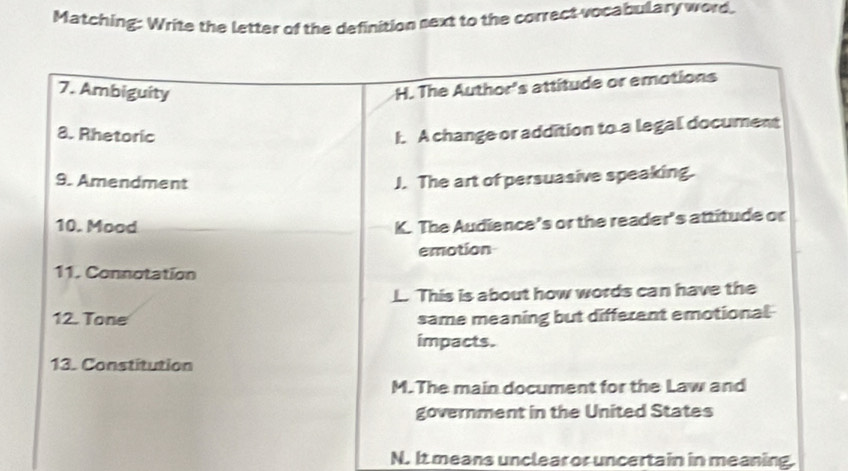 Matching: Write the letter of the definition sext to the correct vocabulary word.
N. It means unclear or uncertain in meaning.