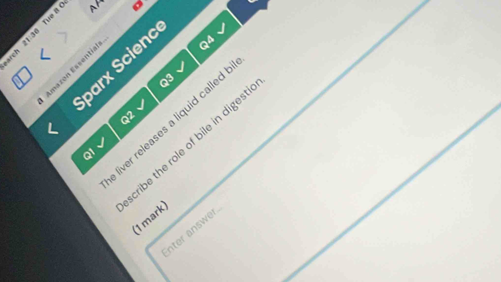 Al 。 
CE 
parx Scienc 
Amazon Essential 
Q4 
Q3 
Q2 
fiver releases a liquid called 
cribe the role of bile in diges. 
Q1 √ 
(1mark) 
nter answer