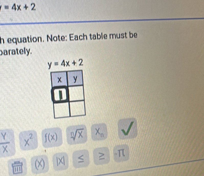 =4x+2
h equation. Note: Each table must be 
arately.
y=4x+2
 Y/X  x^2 f(x) sqrt[n](x) X_n
π
00 (x)