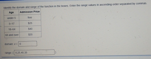 ldentify the domain and range of the function in the boxes. Enter the range vallues in ascending order separated by commas 
domain: x>0
range: 0.25, 40.35