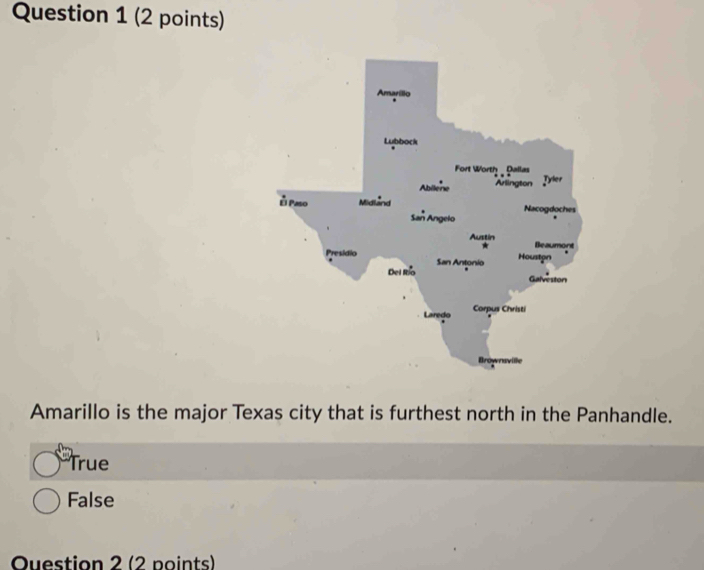 Amarillo is the major Texas city that is furthest north in the Panhandle.
True
False
Ouestion 2 (2 points)