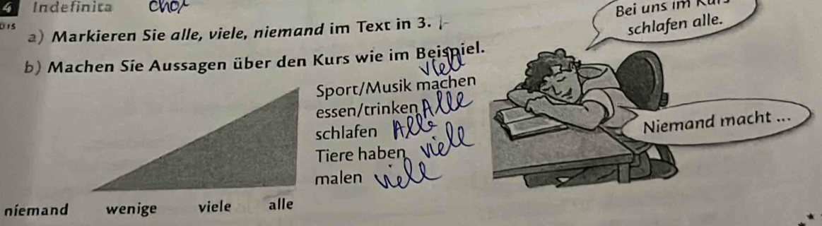 Indefinita 
0 15
) Markieren Sie alle, viele, niemand im Text in 3. Bei uns im Kü 
b) Machen Sie Aussagen über den Kurs wie im Beispie 
Sport/Musik mache 
essen/trinken 
schlafen 
Tiere haben 
malen 
niemand