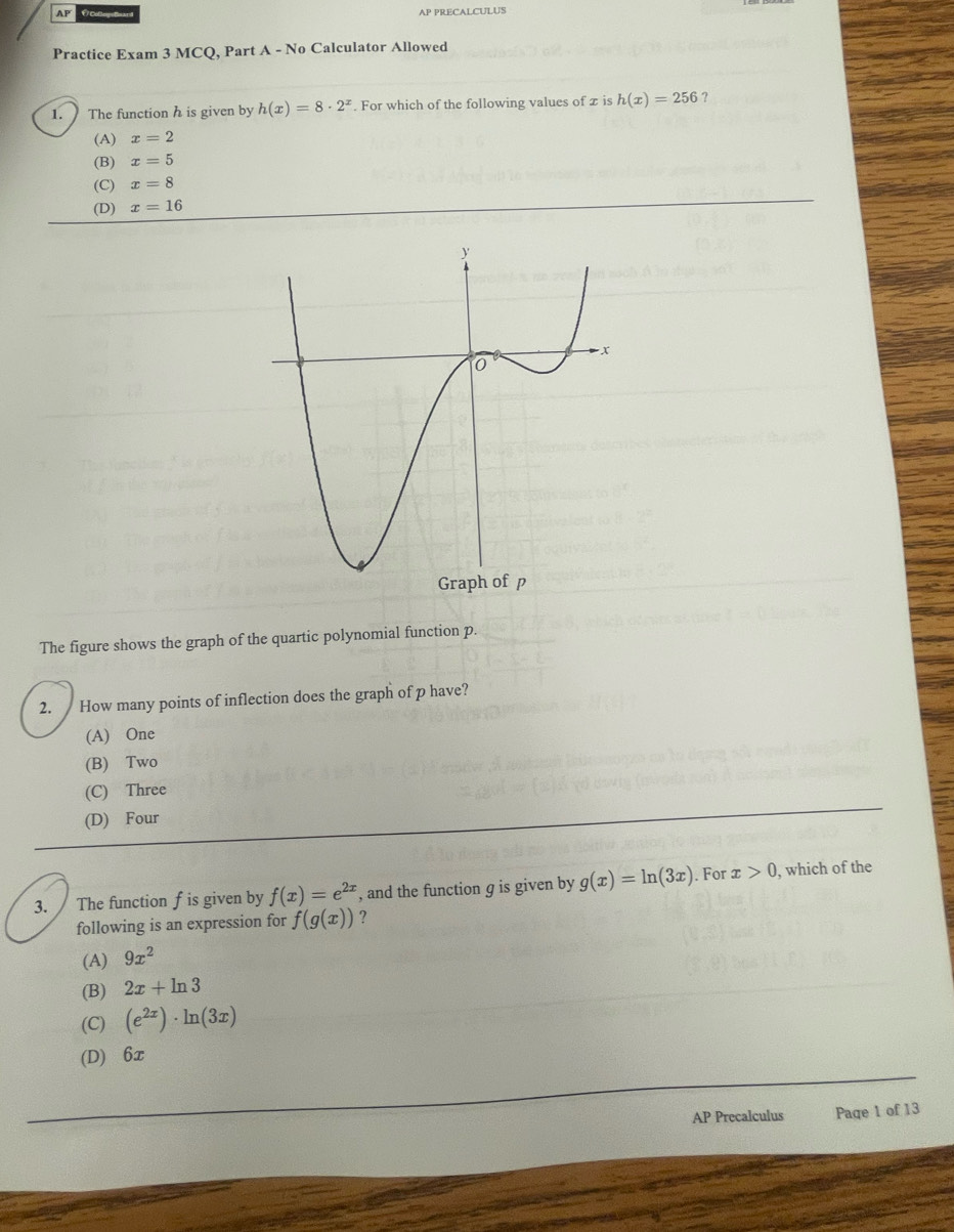 Solved: AP AP PRECALCULUS Practice Exam 3 MCQ, Part A - No Calculator ...