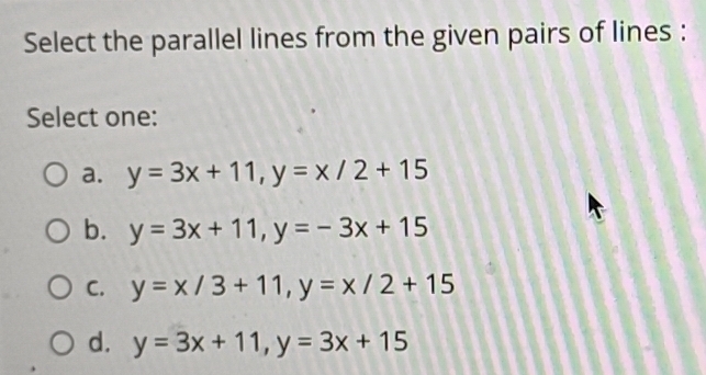 Solved: Select the parallel lines from the given pairs of lines ...