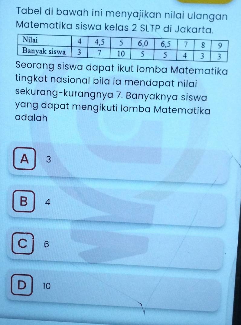 Tabel di bawah ini menyajikan nilai ulangan
Matematika siswa kelas 2 SLTP di Jakarta.
Seorang siswa dapat ikut lomba Matematika
tingkat nasional bila ia mendapat nilai
sekurang-kurangnya 7. Banyaknya siswa
yang dapat mengikuti lomba Matematika
adalah
A 3
B 4
C 6
D 10