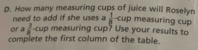 How many measuring cups of juice will Roselyn 
need to add if she uses a  1/8 -cup measuring cup 
or a 3/8 -cup measuring cup? Use your results to 
complete the first column of the table.