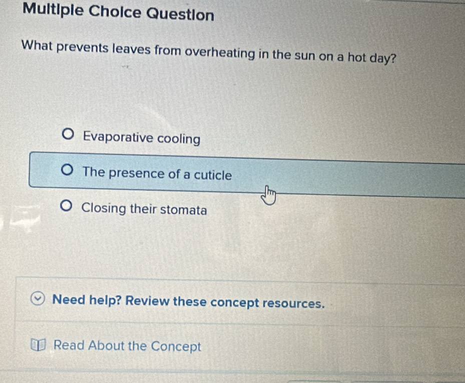 Question
What prevents leaves from overheating in the sun on a hot day?
Evaporative cooling
The presence of a cuticle
Closing their stomata
Need help? Review these concept resources.
Read About the Concept