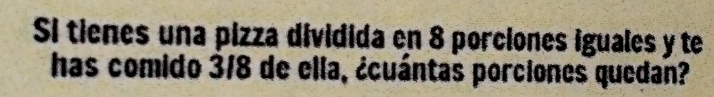 Si tienes una pizza dividida en 8 porciones iguales y te 
has comido 3/8 de ella, ¿cuántas porciones quedan?