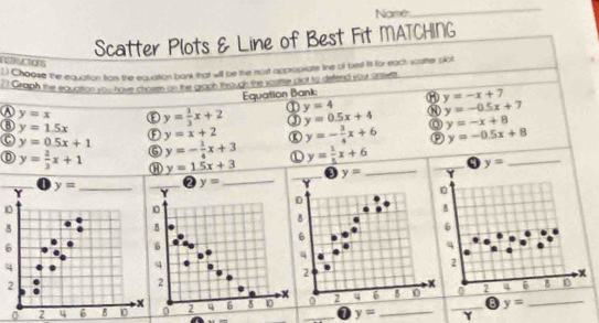 Name
_
Scatter Plots & Line of Best Fit MATCHING
ASTRLCTIORS
1) Choowr the equastion tram the eavattion bank that will be the most appropriate line of txtst is for each scatter plot
2) Graph the equation you have chores as the grooh through the roatee pot to defend your ansee.
Equation Bank: ⑧ y=-x+7
Ⓐ y=x y= 1/3 x+2 ① y=4 y=0.5x+4 y=-0.5x+7
③
y=-x+8
③ y=1.5x y=x+2 y=- 3/4 x+6 P y=-0.5x+8
C y=0.5x+1 y=- 1/4 x+3 D y= 1/5 x+6
y= 2/3 x+1 y=15x+3
_
10
6
0
B y= _
y= Y