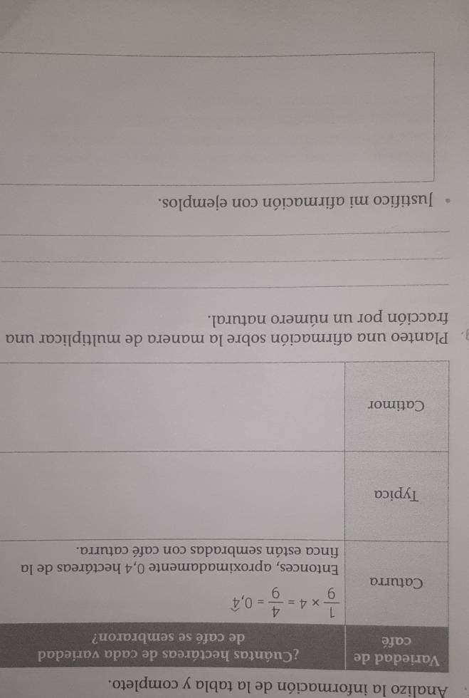 Analizo la información de la tabla y completo.
Planteo una afirmación sobre la manera de multiplicar una
fracción por un número natural.
_
_
_
Justifico mi afirmación con ejemplos.
_