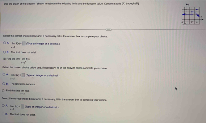 Use the graph of the function f shown to estimate the following limits and the function value. Complete parts (A) through (D).
Select the correct choice below and, if necessary, fill in the answer box to complete your choice.
A. limlimits _xto 2^-f(x)=□ (Type an integer or a decimal.)
B. The limit does not exist.
(B) Find the limit limlimits _xto 2^+f(x). 
Select the correct choice below and, if necessary, fill in the answer box to complete your choice.
A. limlimits _xto 2^+f(x)=□ (Ty ype an integer or a decimal.)
B. The limit does not exist.
(C) Find the limit limlimits _xto 2f(x). 
Select the correct choice below and, if necessary, fill in the answer box to complete your choice.
A. limlimits _xto 2f(x)=□ (Type an integer or a decimal.)
B. The limit does not exist.