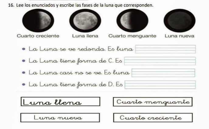 Lee los enunciados y escribe las fases de la luna que corresponden.
Cuarto creciente Luna llena Cuarto menguante Luna nueva
La Luna se ve redonda. Es luna ()^_ 
La Luna tiene forma de C. Es ()^_ 
La Luna casi no se ve. Es luna □ 
La Luna tiene forma de D. Es □ 
Luna llena Cuarto menquante
Luna nuera Cuarto creciente