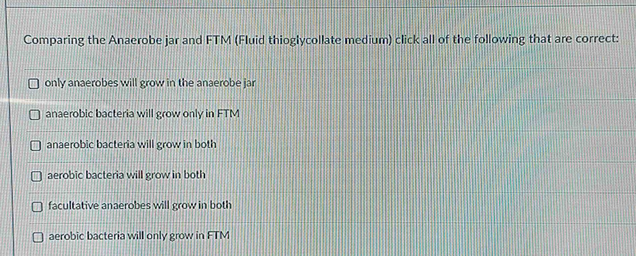 Comparing the Anaerobe jar and FTM (Fluid thioglycollate medium) click all of the following that are correct:
only anaerobes will grow in the anaerobe jar
anaerobic bacteria will grow only in FTM
anaerobic bacteria will grow in both
aerobic bacteria will grow in both
facultative anaerobes will grow in both
aerobic bacteria will only grow in FTM