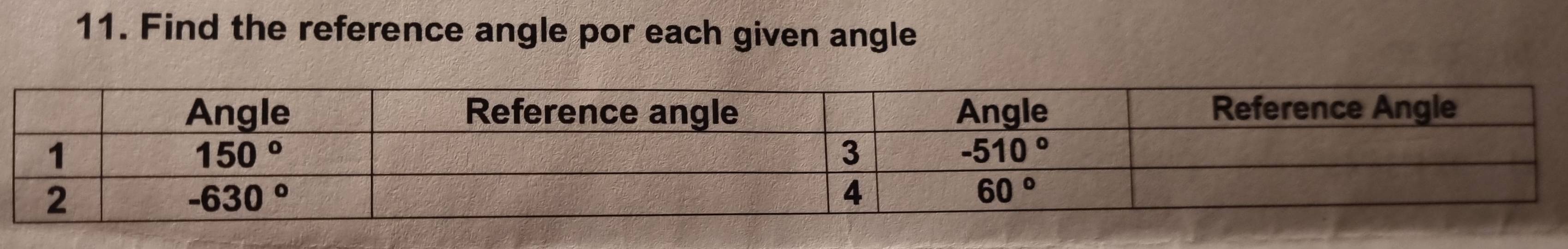 Find the reference angle por each given angle