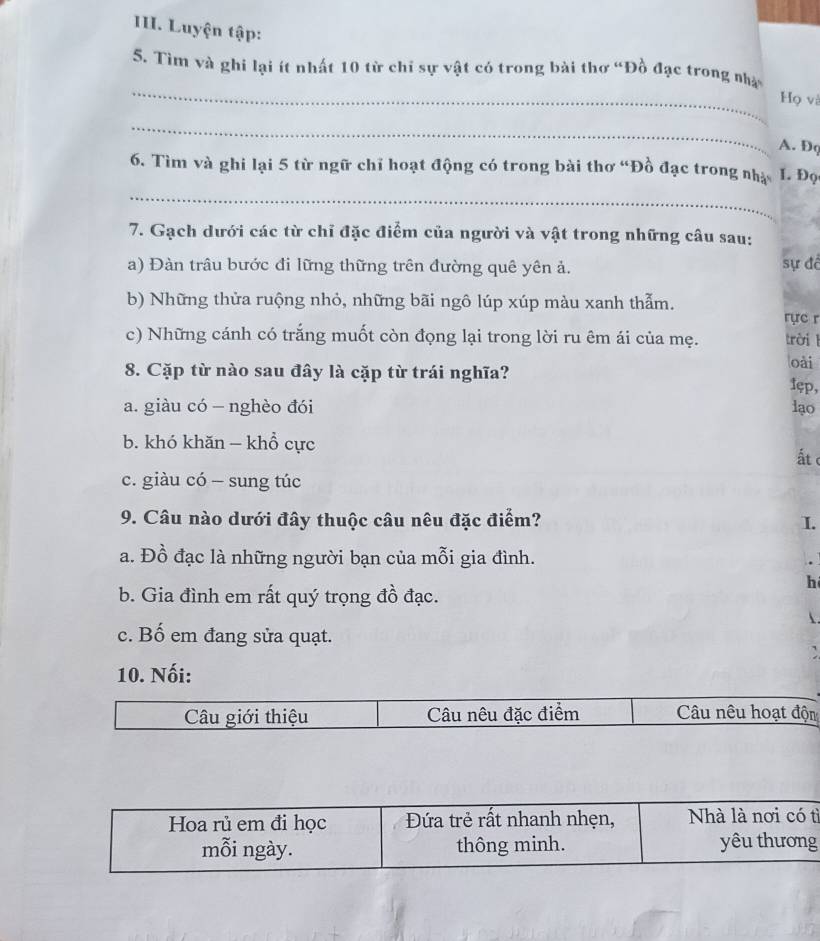 Luyện tập:
_
5. Tìm và ghi lại ít nhất 10 từ chi sự vật có trong bài thơ “Đồ đạc trong nhà
Họ và
_
A. Đq
_
6. Tìm và ghi lại 5 từ ngữ chỉ hoạt động có trong bài thơ “Đồ đạc trong nhà I. Đọ
7. Gạch dưới các từ chỉ đặc điểm của người và vật trong những câu sau:
a) Đàn trâu bước đi lững thững trên đường quê yên ả. sự đề
b) Những thửa ruộng nhỏ, những bãi ngô lúp xúp màu xanh thẫm.
rực r
c) Những cánh có trắng muốt còn đọng lại trong lời ru êm ái của mẹ. trời l
8. Cặp từ nào sau đây là cặp từ trái nghĩa?
oài
1ep,
a. giàu có - nghèo đói lạo
b. khó khăn - khổ cực ất
c. giàu có - sung túc
9. Câu nào dưới đây thuộc câu nêu đặc điểm? I.
a. Đồ đạc là những người bạn của mỗi gia đình.
h
b. Gia đình em rất quý trọng đồ đạc.
.
c. Bố em đang sửa quạt.

10. Nối:
Câu giới thiệu Câu nêu đặc điểm Câu nêu hoạt độn
Hoa rủ em đi học Đứa trẻ rất nhanh nhẹn, Nhà là nơi có tì
mỗi ngày. thông minh. yêu thương