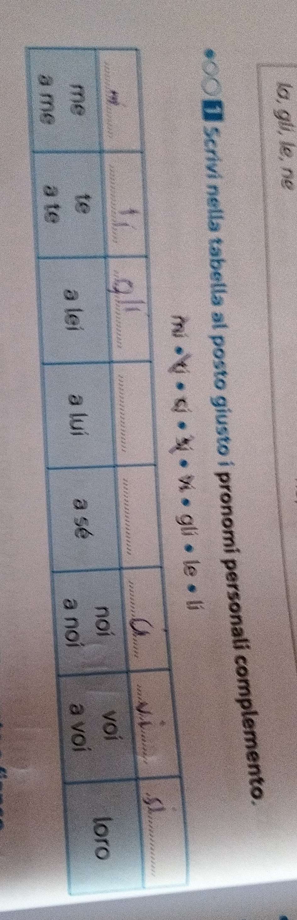 la, gli, le, ne
* Scrivi nella tabella al posto giusto i pronomi personali complemento.