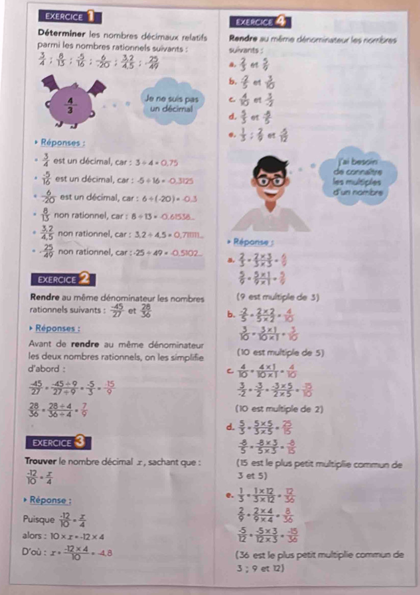 EXERCICE EXERCICE 4
Déterminer les nombres décimaux relatifs  Rendre au même dénominateur les nombres
parmi les nombres rationnels suivants : suivants :
,  2/3  4  5/9 
b.  2/5  01  3/10 
Je ne suís pas C  4/10  et  3/-2 
 4/3  un décimal
d,  5/3  o1  (-5)/5 
@.  1/3 : 2/9  6s  (-5)/12 
Réponses :
*  3/4  est un décimal, car : 3/ 4=0.75 jai bessin
de connaître
 (-5)/16  est un décimal, car : -5/ 16=-0.3125 les multiples
d'un nambre
 6/-20  est un décimal, car : 6/ (-20)=-0.3
 8/13  non rationnel, car : 8/ 13=0.61536..
*  (3,2)/4,5  non rationnel, car : 3,2+4,5=0,7(1111... Réponse
·  25/49  non rationnel, car : · 25/ 49=-0.5102  2/3 ·  (2* 3)/3* 3 ·  6/9 
EXERCICE  5/9 ·  (5* 1)/9* 1 ·  5/9 
Rendre au même dénominateur les nombres (9 est multiple de 3)
rationnels suivants :  (-45)/27  et  28/36 
b.  (-2)/5 ·  (2* 2)/5* 2 = 4/10 
Réponses :
 3/10 = (3* 1)/10* 1 = 3/10 
Avant de rendre au même dénominateur
les deux nombres rationnels, on les simplifie (10 est multiple de 5)
d'abord :  4/10 = (4* 1)/10* 1 = 4/10 
C
 (-45)/27 = (-45/ 9)/27/ 9 = (-5)/3 = (-15)/9 
 3/-2 ·  (-3)/2 ·  (-3* 5)/2* 5 = (-15)/10 
 28/36 = (28/ 4)/36/ 4 = 7/9 
(10 est multiple de 2)
d.  5/3 = (5* 5)/3* 5 = 25/15 
EXERCICE 3
 (-8)/5 *  (-8* 3)/5* 3 = (-8)/15 
Trouver le nombre décimal x , sachant que : (15 est le plus petit multiplie commun de
 (-12)/10 ·  x/4 
3 et 5)
Réponse :
e.  1/3 = (1* 12)/3* 12 = 12/36 
Puisque  (-12)/10 = x/4 
 2/9 = (2* 4)/9* 4 = 8/36 
alors : 10* x=-12* 4
 (-5)/12 ·  (-5* 3)/12* 3 = (-15)/36 
D'où : x= (-12* 4)/10 =-4.8 (36 est le plus petit multiplie commun de
3;9et12)