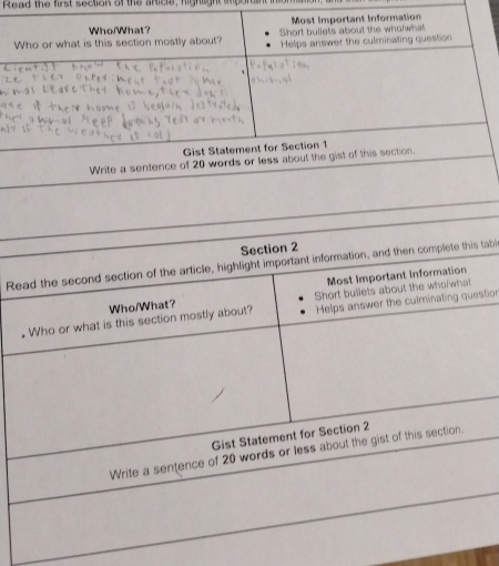 Read the first section of the anizle, fighight apon n 
Most important information 
Who/What? Short bullets about the wholwhat 
Who or what is this section mostly about? Helps answer the culminating question 
Gist Statement for Section 1 
Write a sentence of 20 words or less about the gist of this section. 
Section 2 
Read the second section of the article, highlight important information, and then complete this tabl 
Who/What? Most Important information 
Helps answer the culminating question 
. Who or what is this section mostly about? Short bullets about the who what 
Gist Statement for Section 2 
Write a sentence of 20 words or less about the gist of this section.