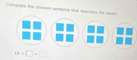 Complete the division sentence that describes the model
16/ □ =□